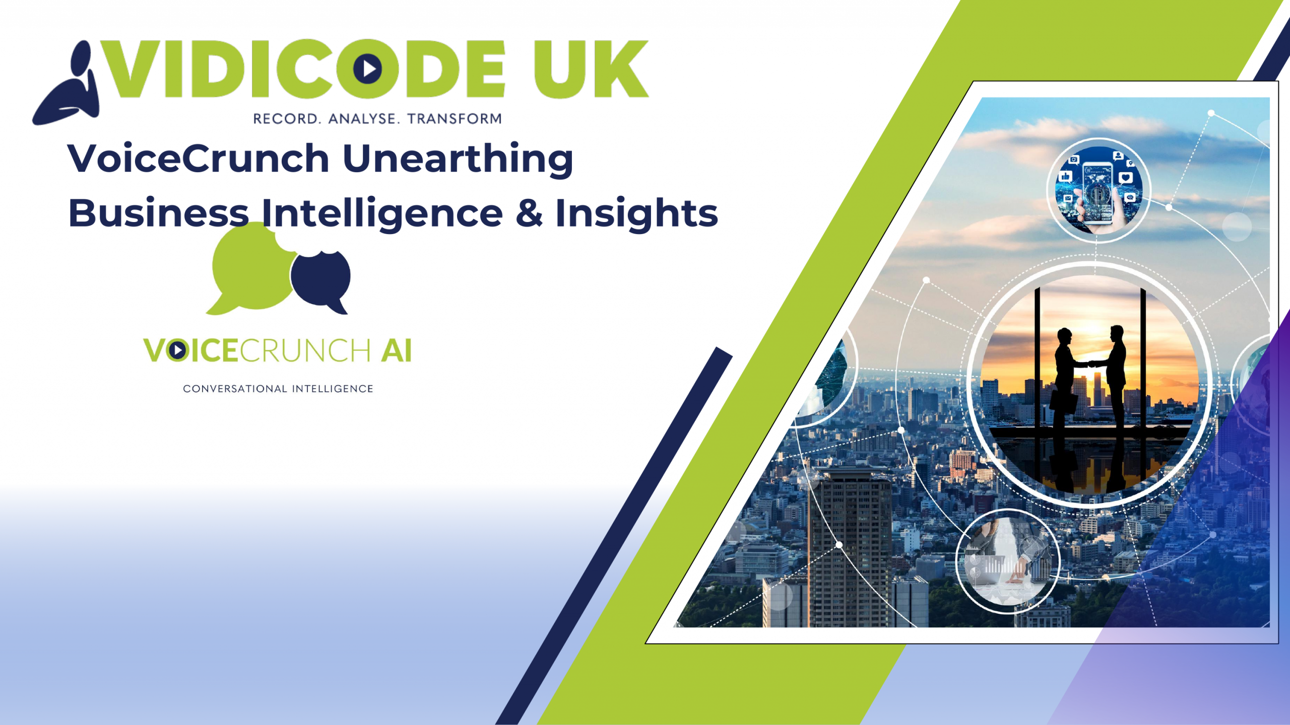 VIDICODE UK branding with the slogan 'VoiceCrunch Unearthing Business Intelligence & Insights' and VoiceCrunch AI logo on a tech/graphics banner.