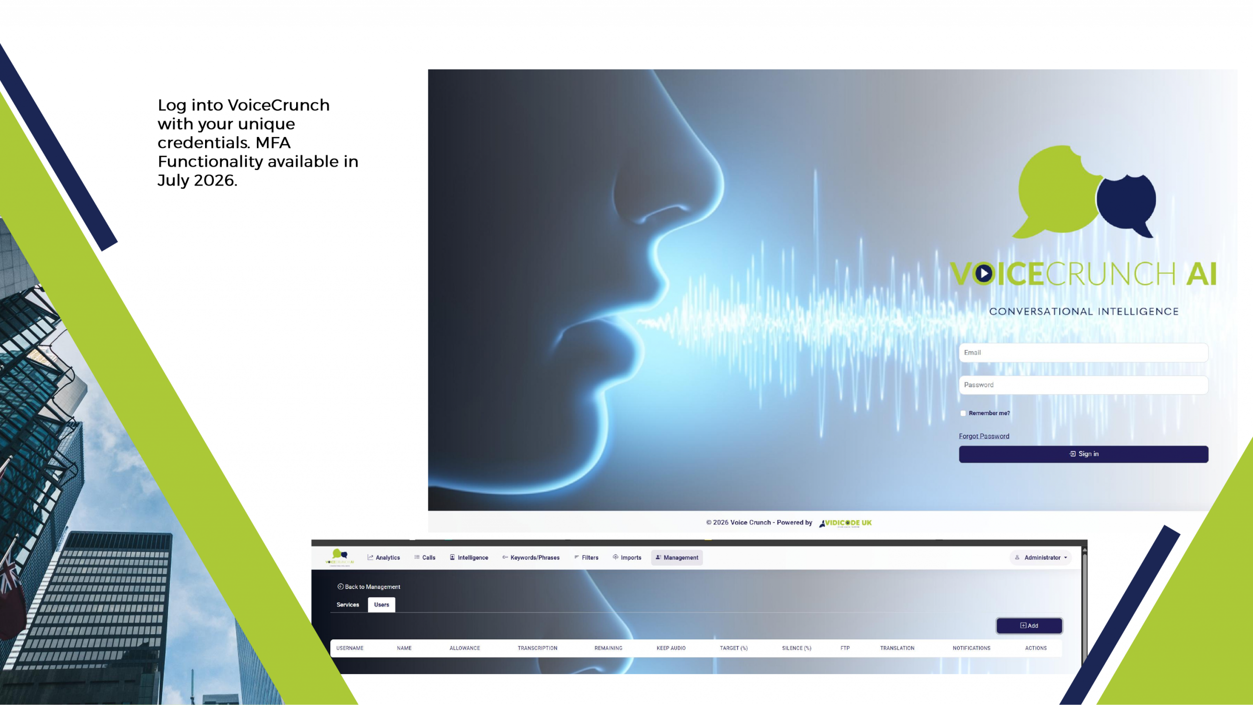VoiceCrunch AI promotional banner with a profile and sound waves beside a sign-in form and MFA note on the left.